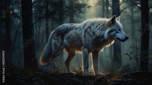 A lone white wolf stands in a misty forest, illuminated by a ray of sunlight.