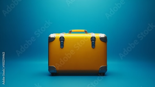 A yellow suitcase with wheels on a blue background, great for travel or adventure images