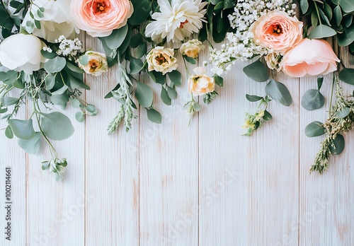 White frame background, small floral garland around the edges of a white square in the middle of the picture, with pink and cream colors