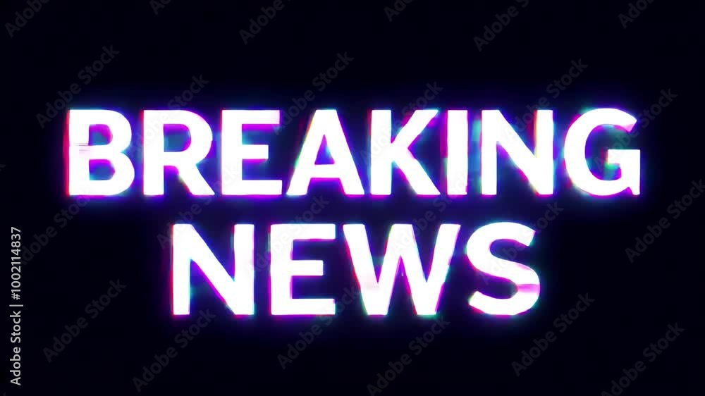 Phrase Breaking News in neon style with white letters appears on a static shot against a black background, enhanced by animated glitch effects resembling a live broadcast Phrase Breaking News in neon style with white letters appears on a static shot against a black background, enhanced by animated glitch effects resembling a live broadcast