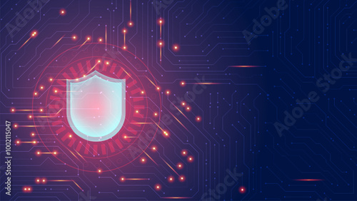 Cyber security shield background. Data hacking attract and security protecting circuit board. blue, red vector editable