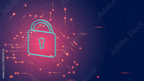 Cyber security padlock background. Data hacking attract and security protecting circuit board. blue, red vector editable