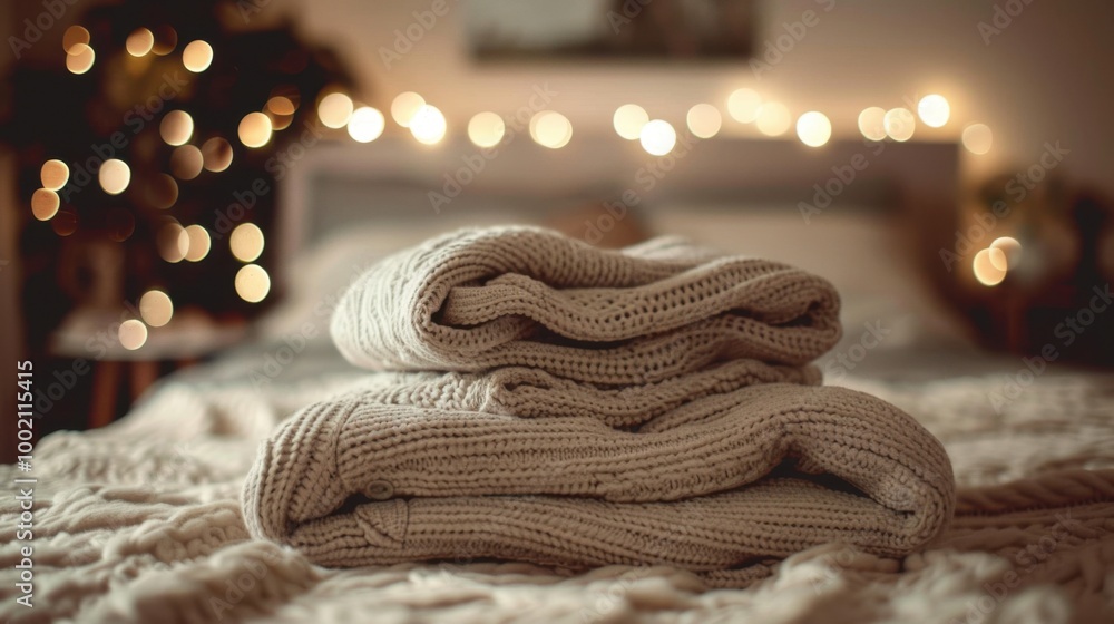 Cozy Stacked Sweaters on a Bed with Fairy Lights Cozy Stacked Sweaters on a Bed with Fairy Lights