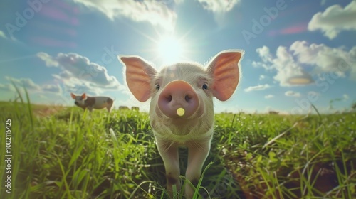 Cute Piglet in Sunny Green Field with Blue Sky