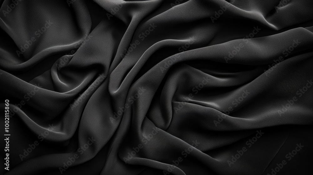 Fototapeta premium A smooth, flowing texture of black fabric, showcasing elegant folds and shadows, ideal for background or textile design.
