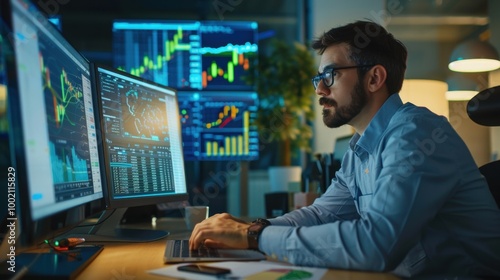 Professional Trader Analyzing Data on Multiple Monitors