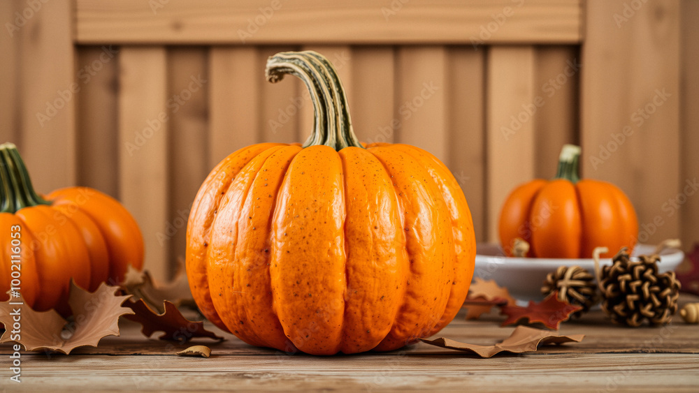 Orange Pumpkin on Rustic Wooden Background Orange Pumpkin on Rustic Wooden Background