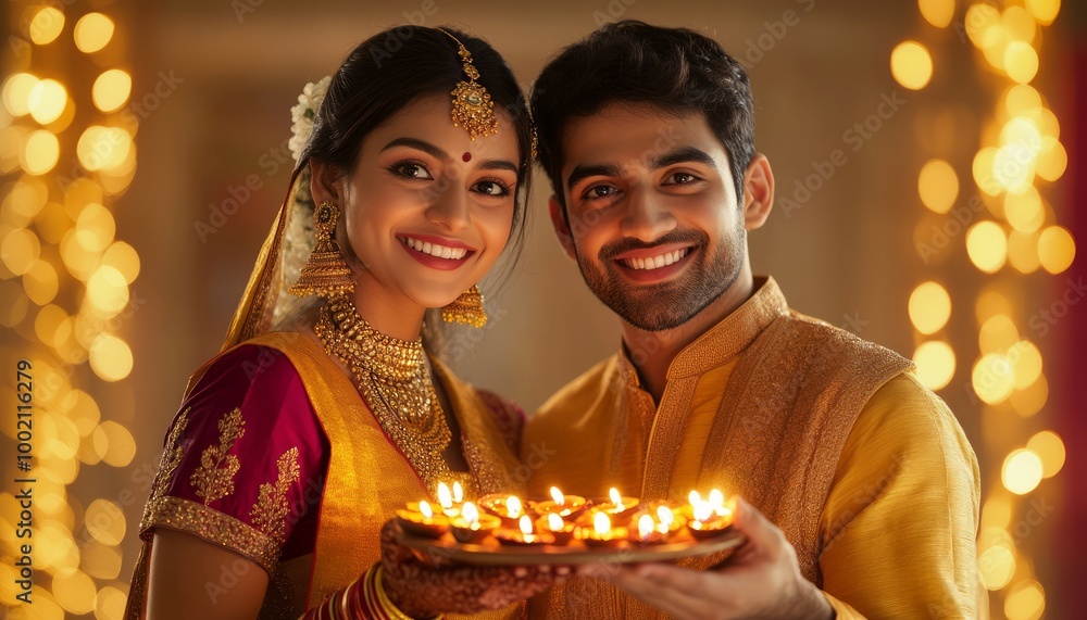 Traditional Indian wedding couple sharing a joyful moment with lit lamps. Traditional Indian wedding couple sharing a joyful moment with lit lamps.