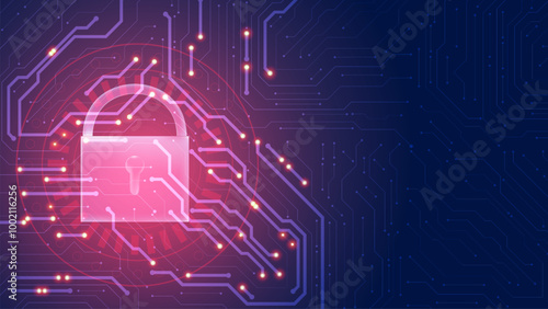 Cyber security padlock background. Data hacking attract and security protecting circuit board. blue, red vector editable