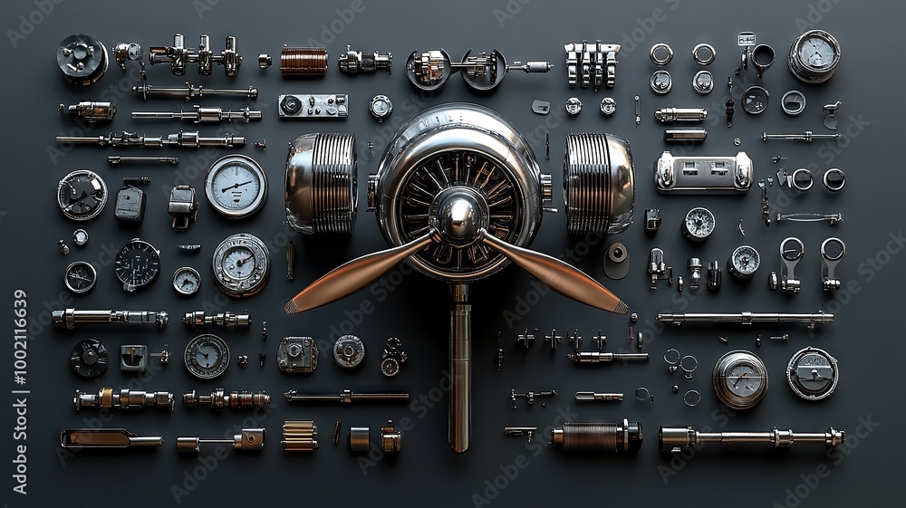 Fototapeta premium Various mechanical parts and engine components arranged neatly symbolizing engineering precision