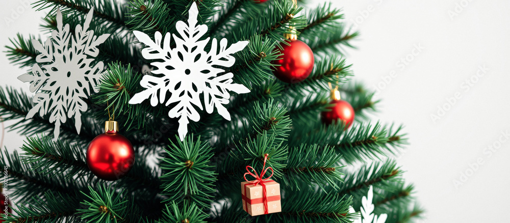 Close-up of a Christmas Tree with Red Ornaments, White Snowflakes, and a Gift Close-up of a Christmas Tree with Red Ornaments, White Snowflakes, and a Gift