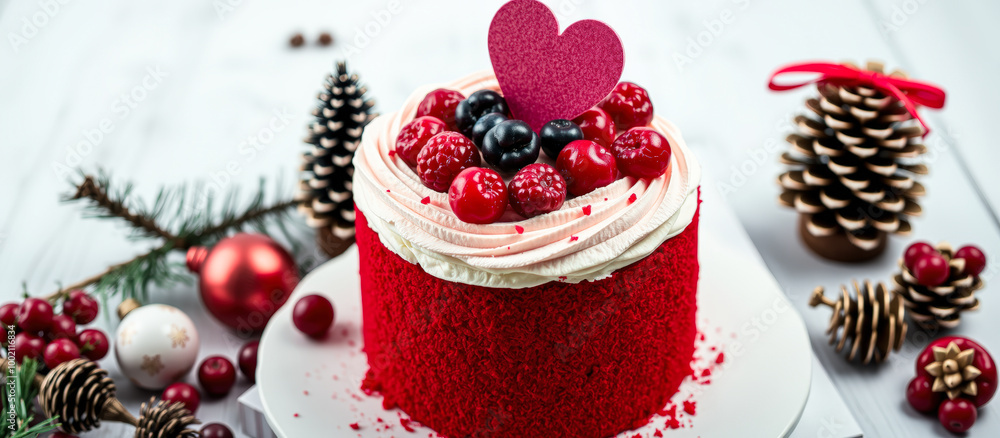 Red Velvet Cake with Berries and Heart Shaped Decoration Red Velvet Cake with Berries and Heart Shaped Decoration