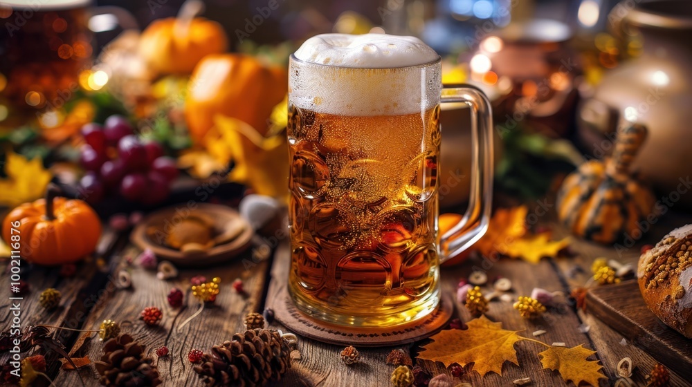 Autumn Beer Mug with Festive Decorations and Leaves Autumn Beer Mug with Festive Decorations and Leaves