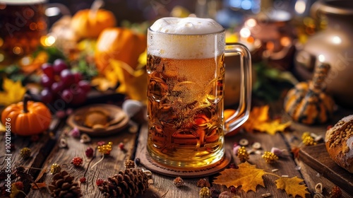 Autumn Beer Mug with Festive Decorations and Leaves