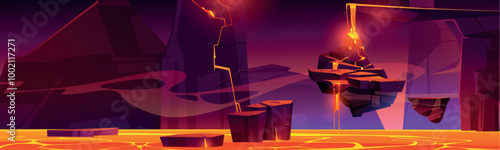 Hell landscape with lava for fantasy game vector illustration. Red rock scene with mountain and volcanic magma flow. Floating island in scary inferno apocalypse world. Molten and burn wild planet land