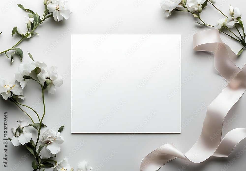 White blank paper with pastel-colored flowers and ribbon on a linen background, a wedding invitation card template mockup. White blank paper with pastel-colored flowers and ribbon on a linen background, a wedding invitation card template mockup.