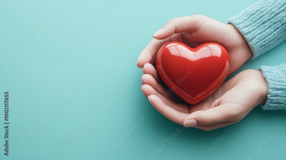 Hands holding a shiny red heart symbol against a soft blue background to convey love and affection in a warm, inviting atmosphere Hands holding a shiny red heart symbol against a soft blue background to convey love and affection in a warm, inviting atmosphere