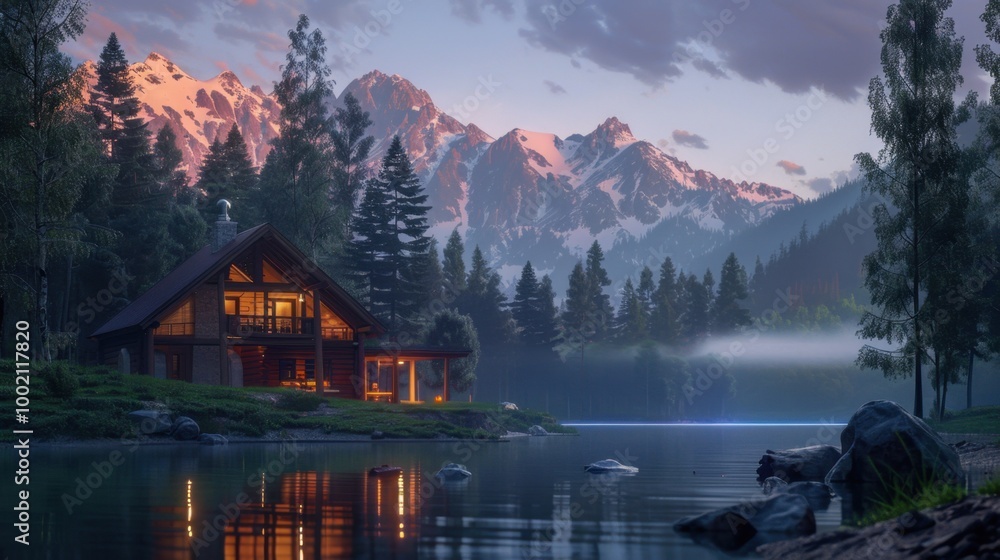 Serene Mountain Cabin by Tranquil Lake at Dusk Serene Mountain Cabin by Tranquil Lake at Dusk