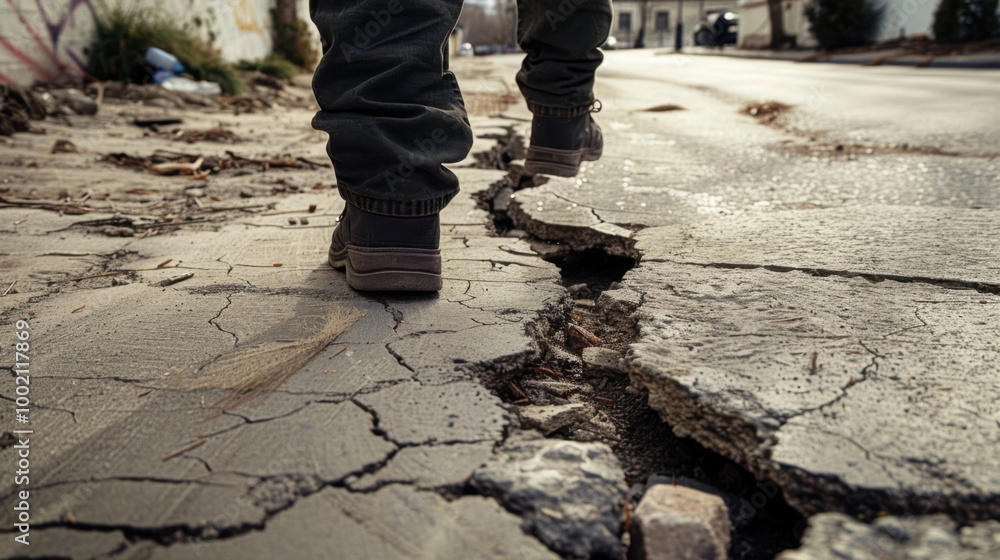 Cracked Sidewalk with Person Walking in Urban Setting