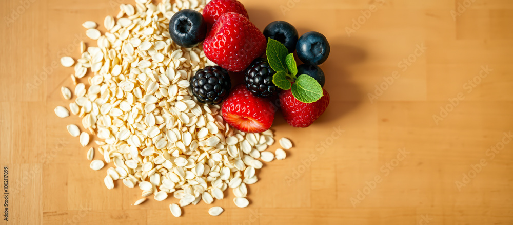 Fresh Berries and Oats on a Wooden Surface Fresh Berries and Oats on a Wooden Surface