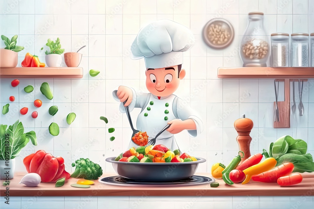 Cartoon Chef Cooking a Vegetable Stir-Fry in a Kitchen Cartoon Chef Cooking a Vegetable Stir-Fry in a Kitchen