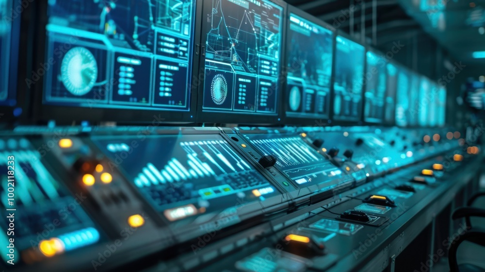 Fototapeta premium High-Tech Control Room with Data Visualization Screens