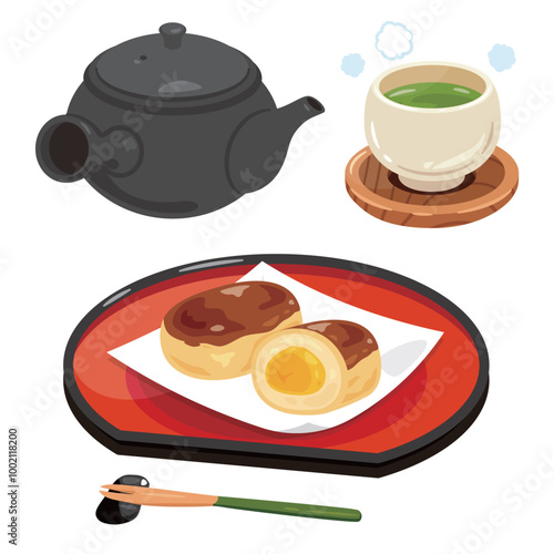 お盆に盛られた栗まんじゅうとお茶セット