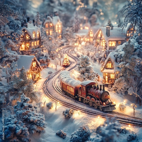 Red steam train traveling through snow covered village at christmas time