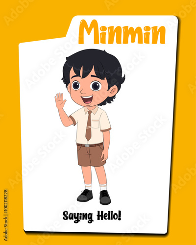 Boy cartoon character saying hello illustration. Little school boy cartoon character waving hello vector.