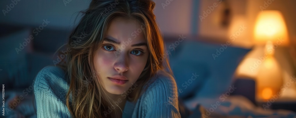 Fototapeta premium Thoughtful woman in cozy bedroom, soft lighting ambiance.