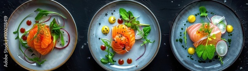 Three gourmet plates of salmon with fresh greens, black background. photo