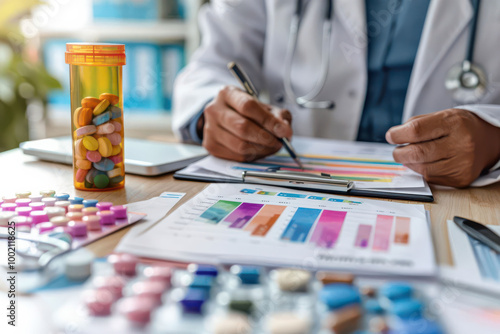Medical professional analyzing pharmaceutical data.