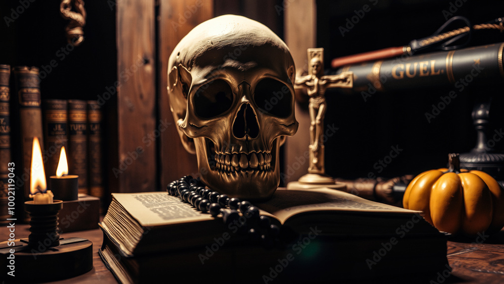 Skull, Book, and Pumpkin on a Wooden Table Skull, Book, and Pumpkin on a Wooden Table