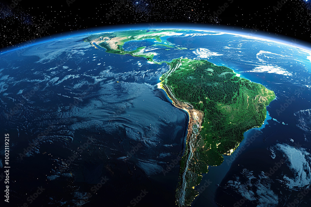 South America as seen from space with sunrise on planet Earth and stars. The continent's massive forest cover and the lights of big cities. Generated by artificial intelligence South America as seen from space with sunrise on planet Earth and stars. The continent's massive forest cover and the lights of big cities. Generated by artificial intelligence