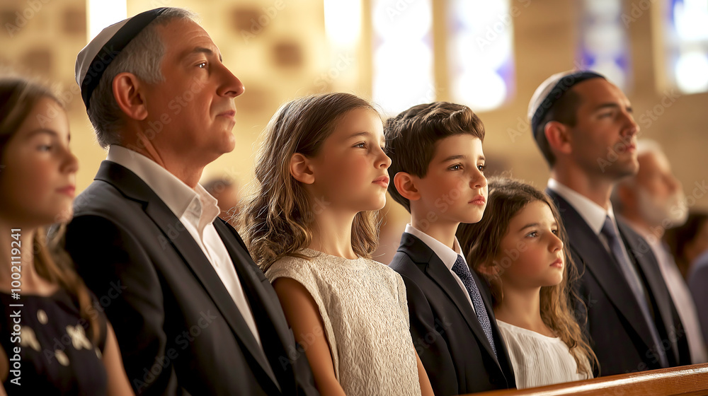 Obraz premium Jewish Family observing tradition in sunlit synagogue interior