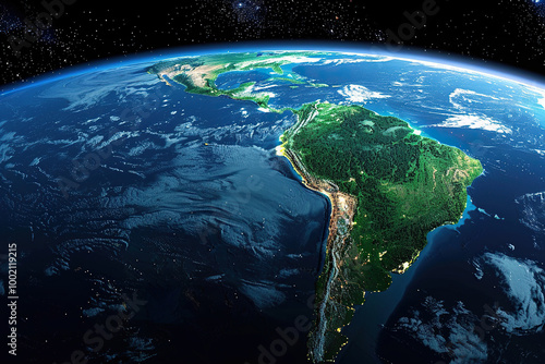 South America as seen from space with sunrise on planet Earth and stars. The continent's massive forest cover and the lights of big cities. Generated by artificial intelligence