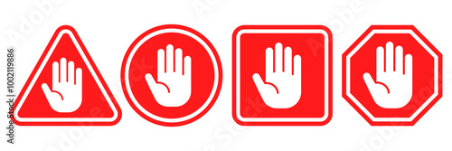 Stop signs set. Red traffic car stop hand signal warning symbol. Do not enter forbidden sticker. Ad block sign. Hazard sign symbol vector illustration isolated on white background.
