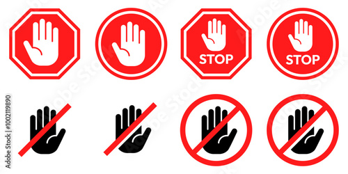 Stop signs set. Red traffic car stop hand signal warning symbol. Do not enter forbidden sticker. Ad block sign. Hazard sign symbol vector illustration isolated on white background.