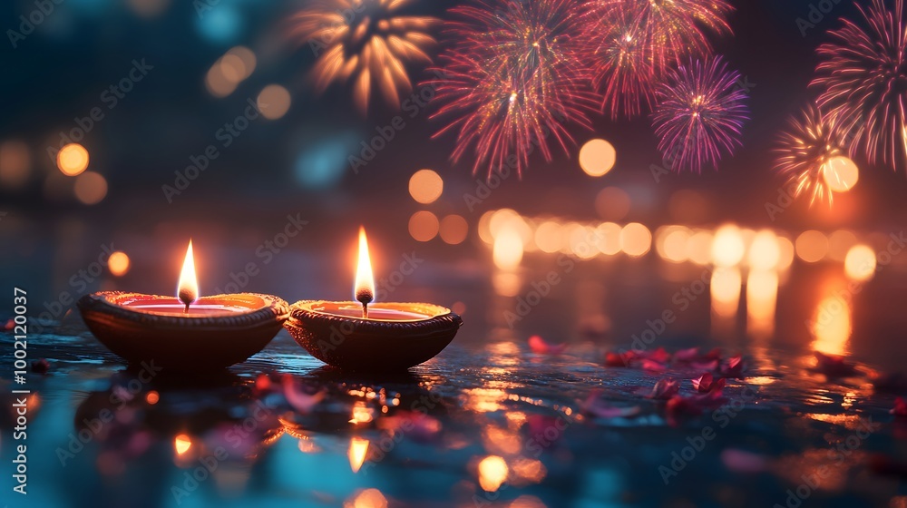 A vibrant scene of Diwali night with illuminated diyas and fireworks A vibrant scene of Diwali night with illuminated diyas and fireworks