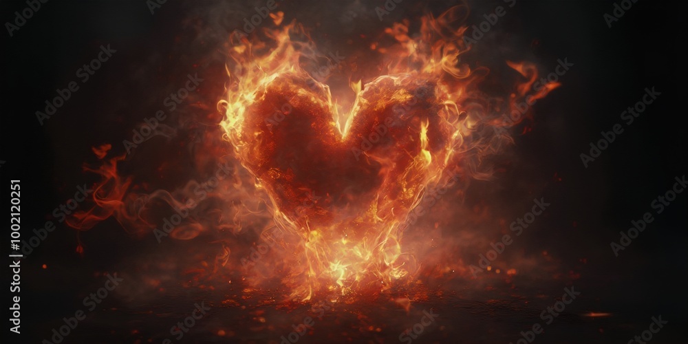 A fiery heart shape burns against a dark background. A fiery heart shape burns against a dark background.