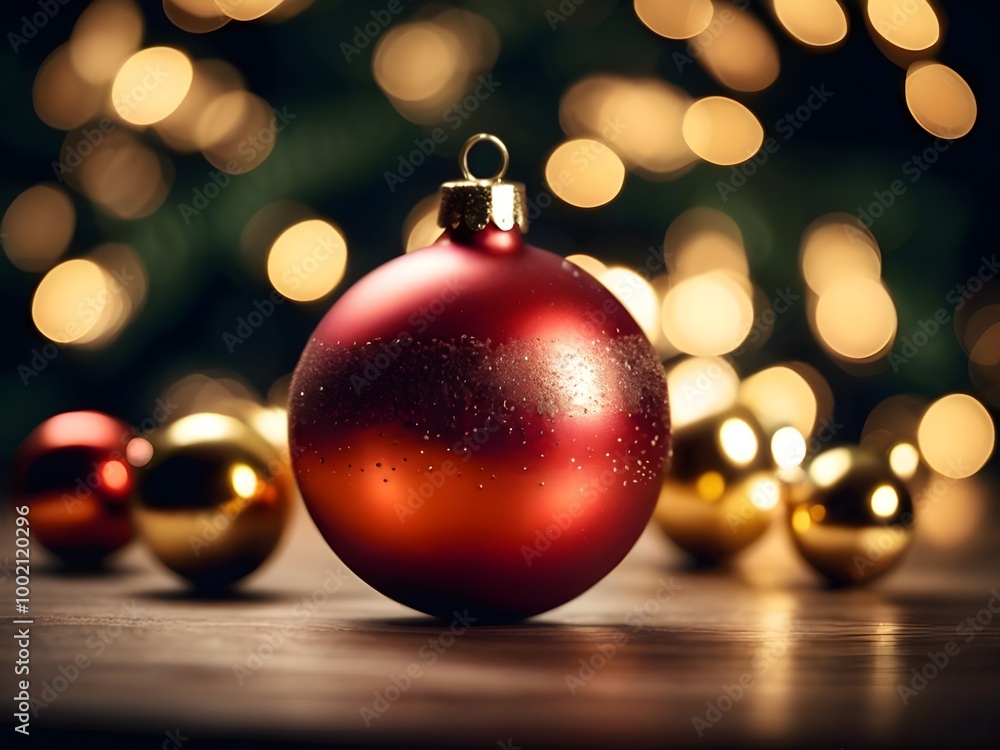 Fototapeta premium red christmas ball on golden background