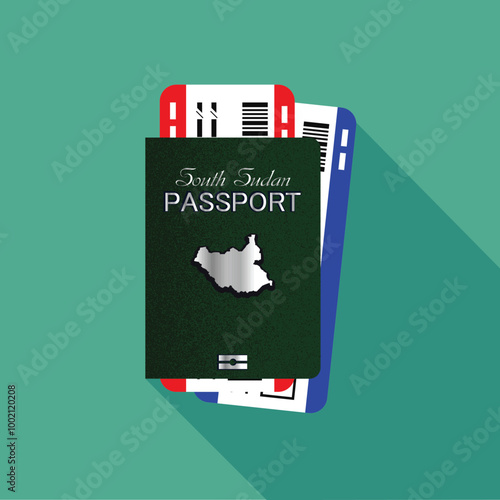 Vector passport with tickets. Air travel concept. Flat Design citizenship ID for traveler isolated. Blue international document - South Sudan.