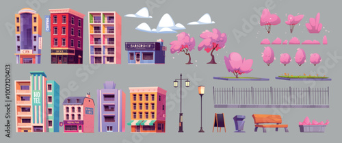 Spring city street building, bush and tree png set. Miami apartment, resort hotel and restaurant vector objects. Flowerbed for urban illustration. Town wooden bench and fence isolated elements