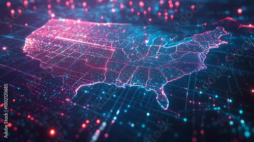 Digital map of USA, concept of North America global network and connectivity, data transfer and cyber technology, information exchange and telecommunication Generative AI