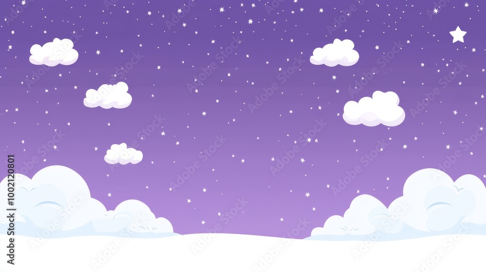 A whimsical winter night sky with sparkling stars and fluffy clouds over a snowy landscape at twilight A whimsical winter night sky with sparkling stars and fluffy clouds over a snowy landscape at twilight