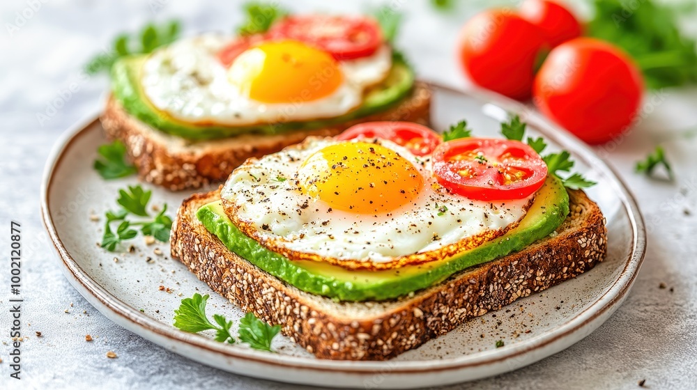 Healthy toast with avocado and fried egg for breakfast Healthy toast with avocado and fried egg for breakfast