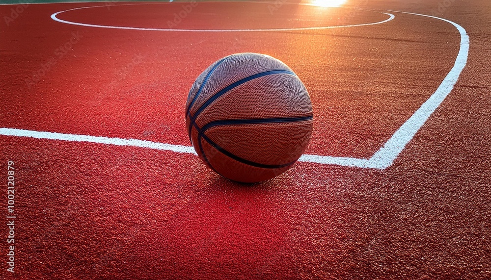 A textured close-up of a basketball on a red court, showcasing the intricate details of the leather A textured close-up of a basketball on a red court, showcasing the intricate details of the leather