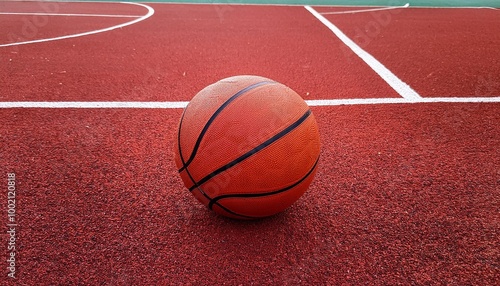 A dynamic image of a basketball on a court, ready for action and competition