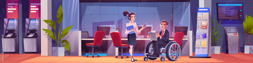 Business office with computer desk and man on wheelchair illustration. Workplace design for inclusive worker. Woman manager with mechanical leg and phone in hand. Atm in inclusion bank interior Business office with computer desk and man on wheelchair illustration. Workplace design for inclusive worker. Woman manager with mechanical leg and phone in hand. Atm in inclusion bank interior
