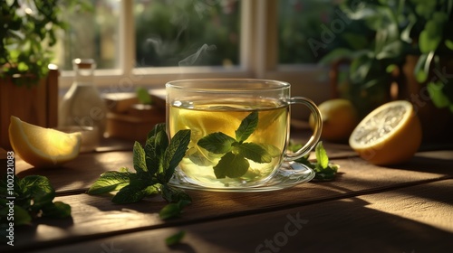 Fresh Herbal Tea on Wooden Table